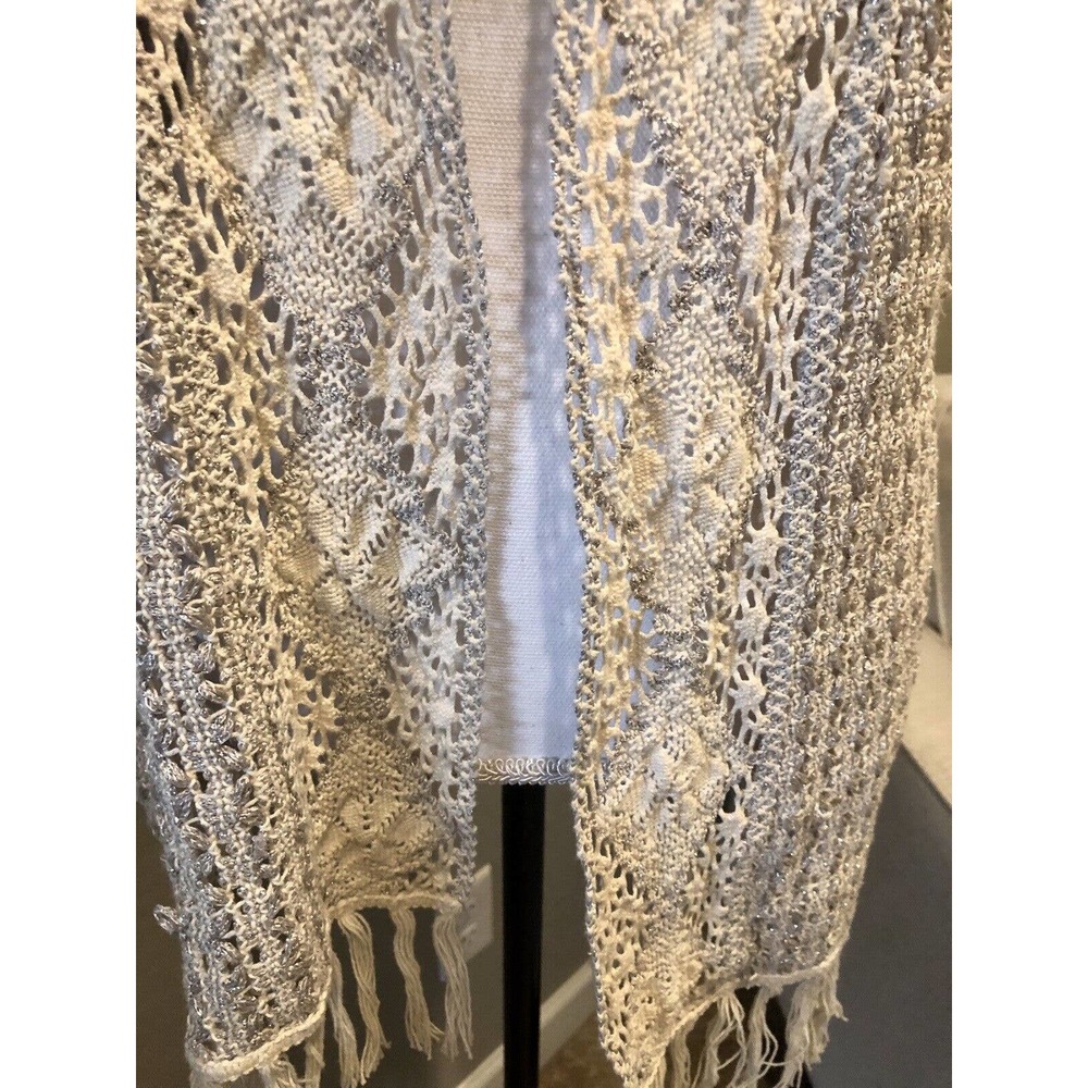 Zozo Women Open Front Cardigan Sweater Fringe Hem Crochet Medium Silver Cream‎